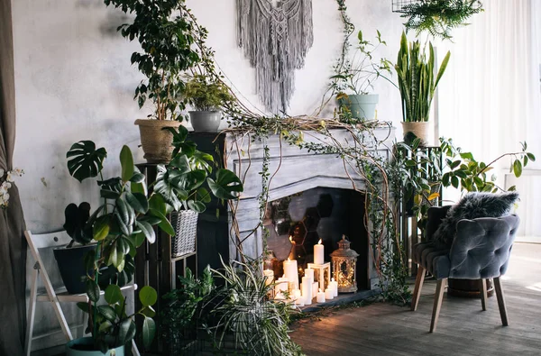 Creative Decor Design Loft Gray Fireplace Candles Vintage Armchair Plants — Stock Photo, Image