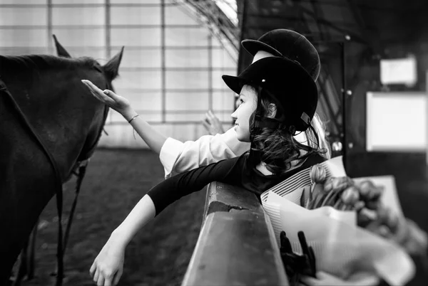 Bonito Teen Menina Com Capacete Estábulo Perto Cavalo Foto Para — Fotografia de Stock