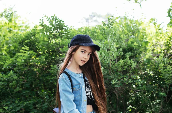 Red Haired Teen Girl Denim Suit Posing Green Park Positive — Stock Photo, Image