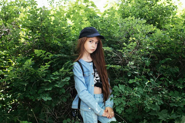 Red Haired Teen Girl Denim Suit Posing Green Park Positive — Stock Photo, Image