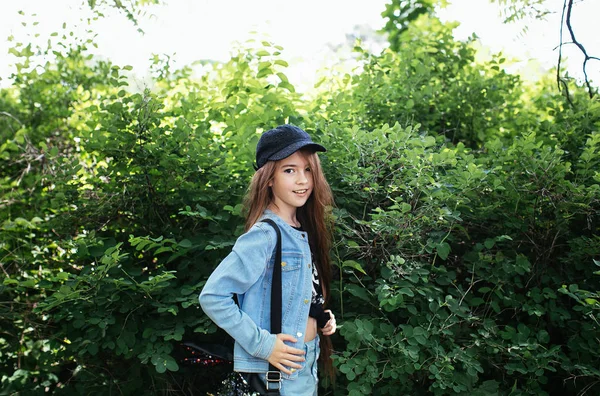 Red Haired Teen Girl Denim Suit Posing Green Park Positive — Stock Photo, Image