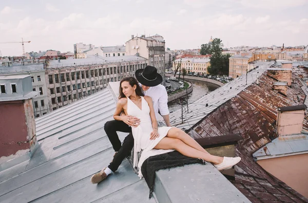 Loving Couple Girl White Dress Guy Hat Walk Roof Hugging — Stock Photo, Image