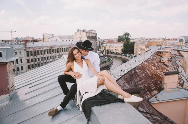 Loving Couple Girl White Dress Guy Hat Walk Roof Hugging — Stock Photo, Image