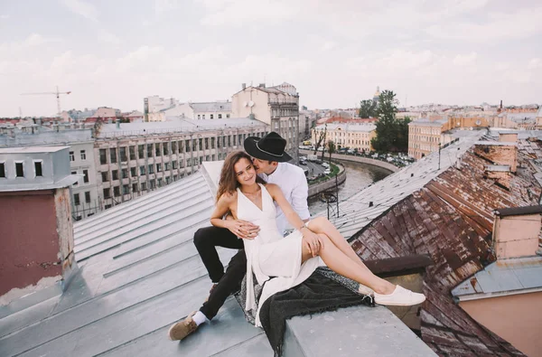 Loving Couple Girl White Dress Guy Hat Walk Roof Hugging — Stock Photo, Image