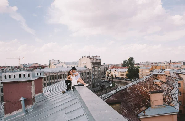 Loving Couple Girl White Dress Guy Hat Walk Roof Hugging — Stock Photo, Image