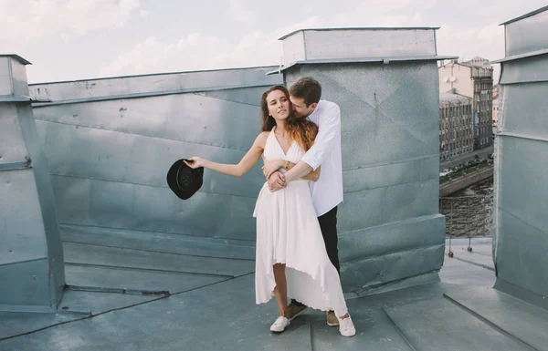 Loving Couple Girl White Dress Guy Hat Walk Roof Hugging — Stock Photo, Image