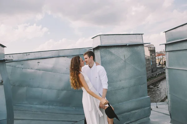 Loving Couple Girl White Dress Guy Hat Walk Roof Hugging — Stock Photo, Image