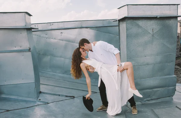 Loving Couple Girl White Dress Guy Hat Walk Roof Hugging — Stock Photo, Image