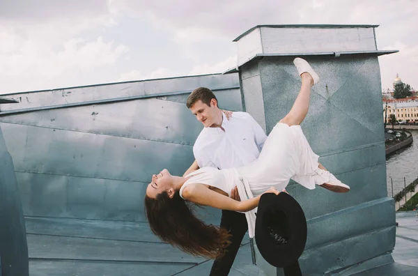 Loving Couple Girl White Dress Guy Hat Walk Roof Hugging — Stock Photo, Image