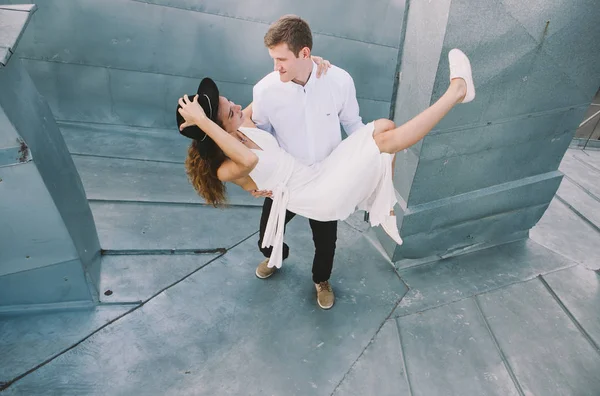 Loving Couple Girl White Dress Guy Hat Walk Roof Hugging — Stock Photo, Image