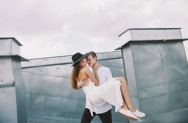 Loving Couple Girl White Dress Guy Hat Walk Roof Hugging — Stock Photo, Image