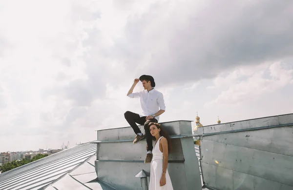 Loving Couple Girl White Dress Guy Hat Walk Roof Hugging — Stock Photo, Image