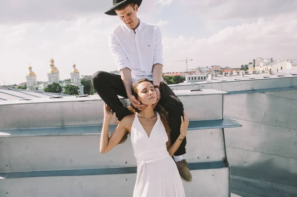 Loving Couple Girl White Dress Guy Hat Walk Roof Hugging — Stock Photo, Image