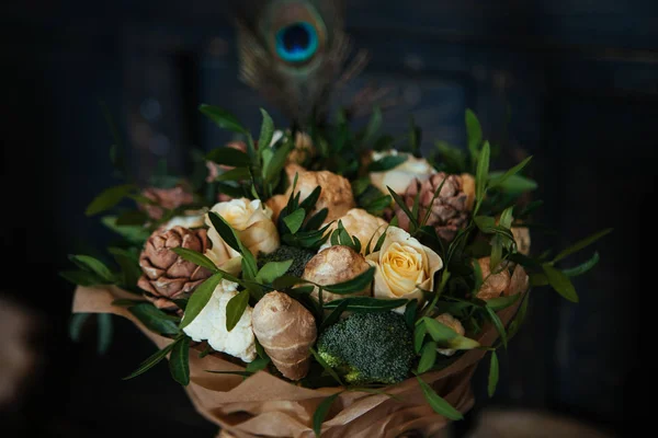 unusual wedding bouquet with cones and cotton