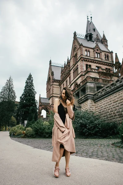 Sexy Girl Black Dress Pastel Pink Coat Posing Medieval Castle — Stock Photo, Image