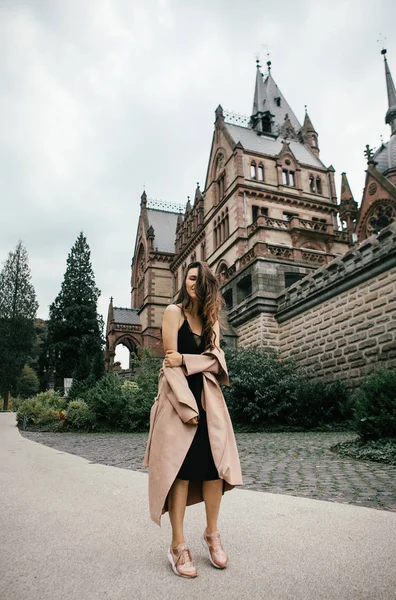 Sexy Girl Black Dress Pastel Pink Coat Posing Medieval Castle — Stock Photo, Image