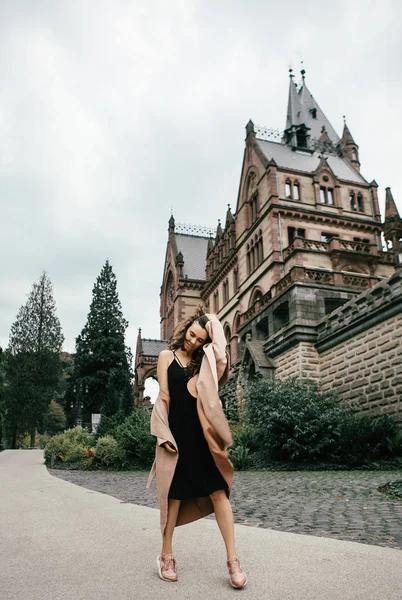 Sexy Girl Black Dress Pastel Pink Coat Posing Medieval Castle — Stock Photo, Image