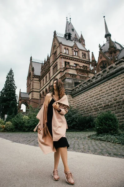 Sexy Girl Black Dress Pastel Pink Coat Posing Medieval Castle — Stock Photo, Image