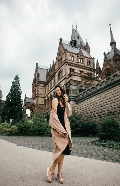 Sexy Girl Black Dress Pastel Pink Coat Hat Posing Medieval — Stock Photo, Image