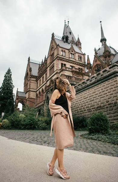 Sexy Girl Black Dress Pastel Pink Coat Hat Posing Medieval — Stock Photo, Image