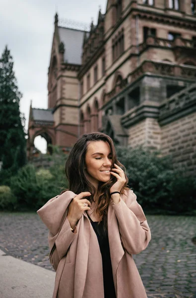 Sexy Girl Black Dress Pastel Pink Coat Hat Posing Medieval — Stock Photo, Image