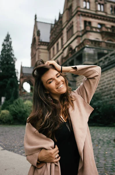 Sexy Girl Black Dress Pastel Pink Coat Hat Posing Medieval — Stock Photo, Image