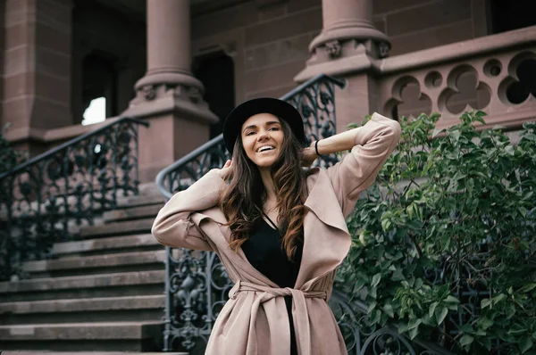 Sexy Girl Black Dress Pastel Pink Coat Hat Posing Medieval — Stock Photo, Image