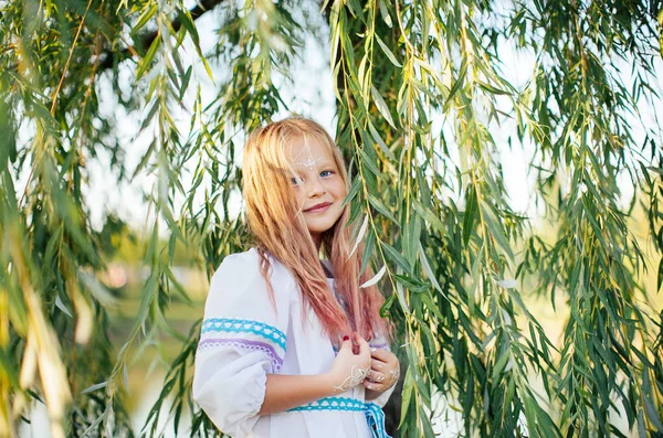 Cute Blonde Girl White National Dress Embroidery Poses Green Tree — Stock Photo, Image