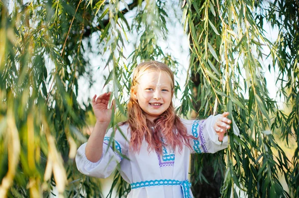 Cute Blonde Girl White National Dress Embroidery Poses Green Tree — Stock Photo, Image