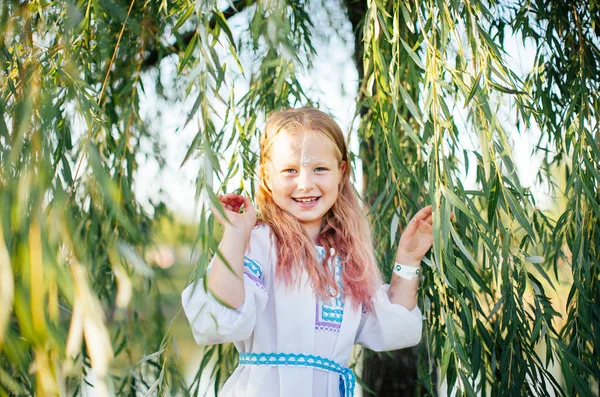 Cute Blonde Girl White National Dress Embroidery Poses Green Tree — Stock Photo, Image