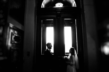 kendi düğün gününde şık gelin ve damat, sarılmak ve şefkatle birbirlerine bakarak, siyah ve beyaz fotoğraf 