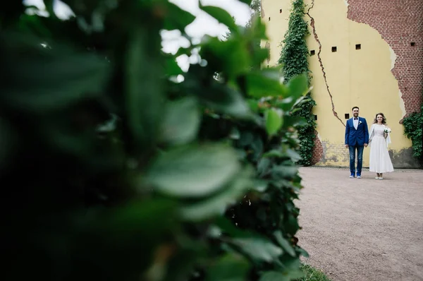 Noiva Elegante Noivo Seu Dia Casamento Mãos Dadas Sorrindo Enquanto — Fotografia de Stock