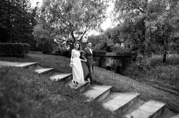 Elegante Novia Novio Día Boda Tomados Mano Sonriendo Parque Verano —  Fotos de Stock