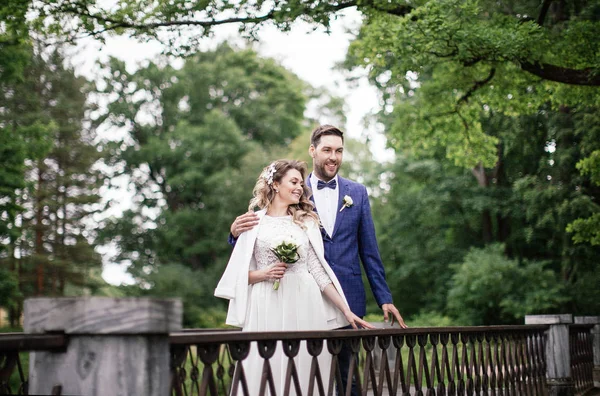 Novios Elegantes Día Boda Abrazando Sonriendo Mientras Caminan Parque Verano — Foto de Stock