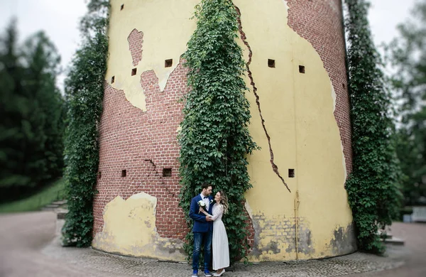 Stylish Bride Groom Wedding Day Hugging Smiling While Walking Summer — Stock Photo, Image