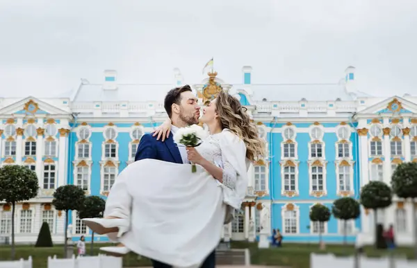 Stylish Bride Groom Wedding Day Having Fun Smiling Walk Palace — Stock Photo, Image