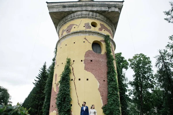 노란색 아이비의 배경에 공원에서 미소를 자신의 결혼식 신부와 — 스톡 사진