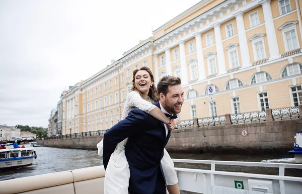 Stylish Bride Groom Wedding Day Having Fun Smiling Boat Trip — Stock Photo, Image