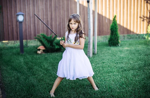 Little Girl Fooling Skewer — Stock Photo, Image