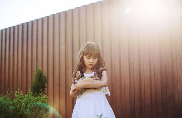 かわいいウサギを抱いている小さな女の子 — ストック写真