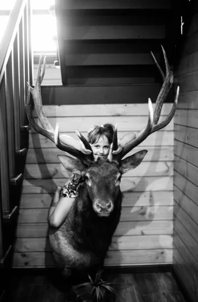 Fille Avec Une Tête Cerf Sauvage Farcie — Photo