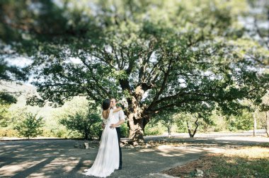 Mutlu genç gelin ve damat bir parkta bir yürüyüş