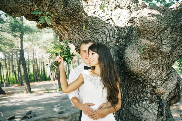 Glada Unga Bruden Och Brudgummen — Stockfoto