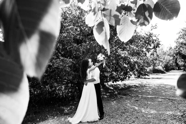 Happy young bride and groom. Black and white photo