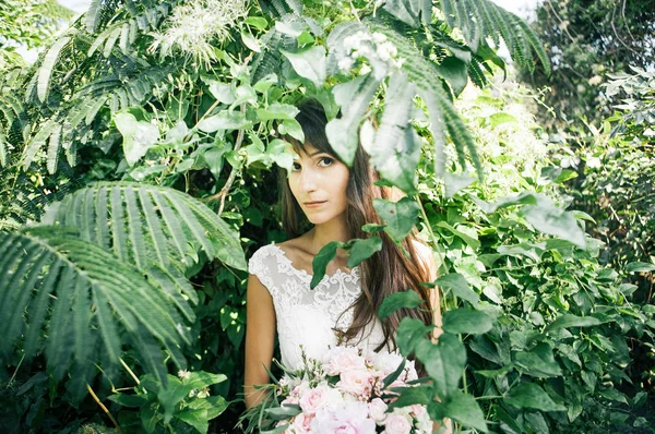 Hermoso Retrato Novia Entre Hojas Verdes Parque —  Fotos de Stock