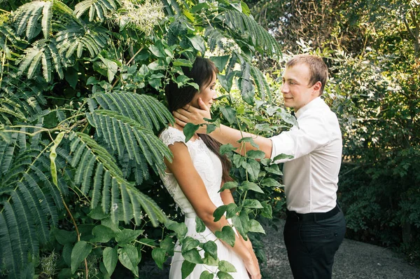 Mutlu genç gelin ve damat bir parkta bir yürüyüş