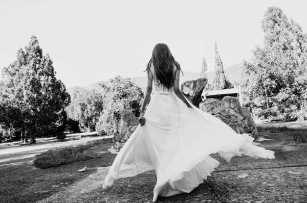 美丽的年轻新娘的肖像在公园 黑白相间 从背面查看 — 图库照片
