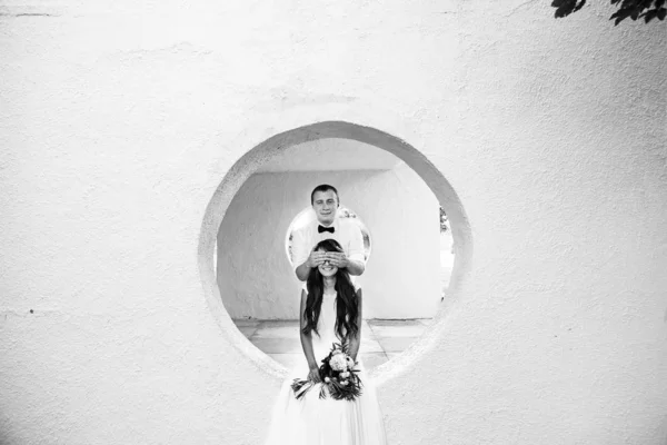 Happy wedding couple portrait. Black and white