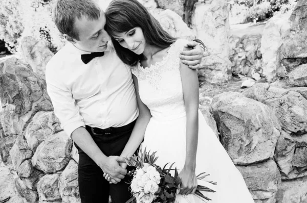 Boldog Fiatal Menyasszony Vőlegény Egy Parkban Fekete Fehér — Stock Fotó