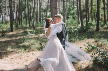 aşık şık ve ihale çift - gelin ve damat - ormanda bir yürüyüş onların düğün günü, gülerek ve sarılma